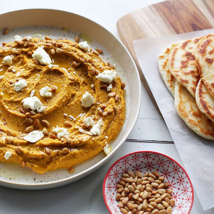 Pumpkin Hummus Recipe with Feta & Pine Nuts